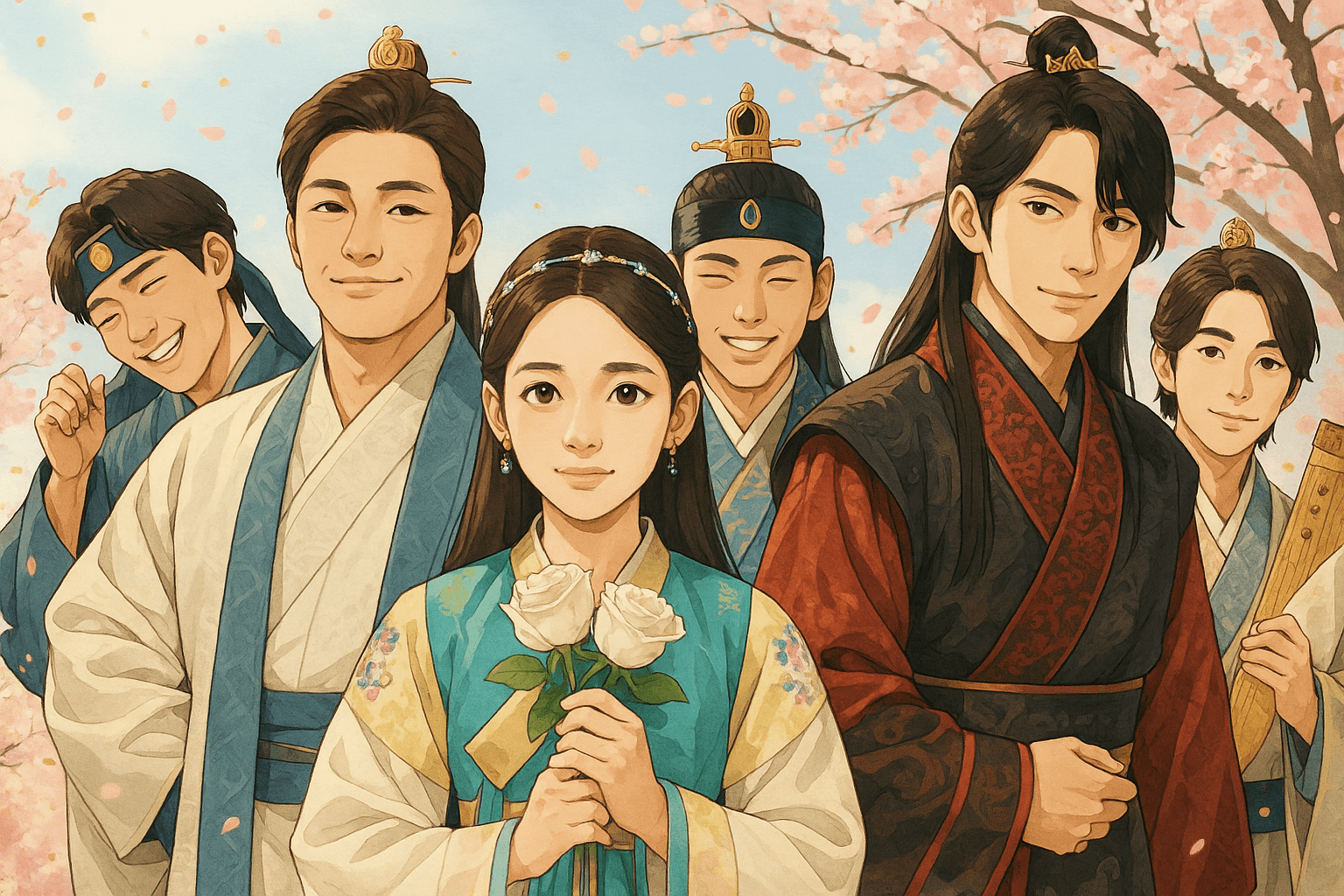 桜の花びらが舞う中、ヒロインと8人の皇子が微笑む｜U-NEXT“泣ける韓ドラ”第5位『麗～花萌ゆる8人の皇子たち～』の華やかなシーン風サムネイル