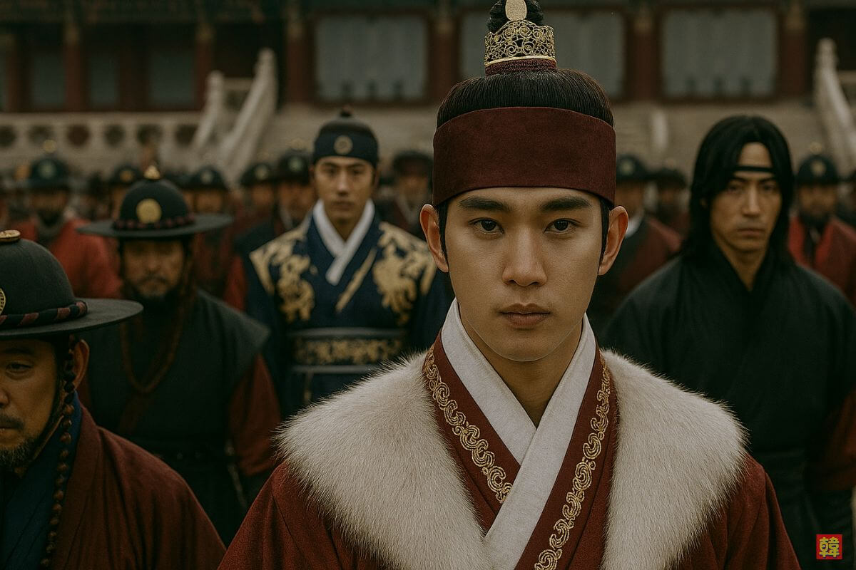 韓国時代劇のワンシーン。戦に向かう若き王と勇ましい武人たち。壮麗な宮殿を背に、緊張感の中で整然と進む彼らの姿が映し出されている。