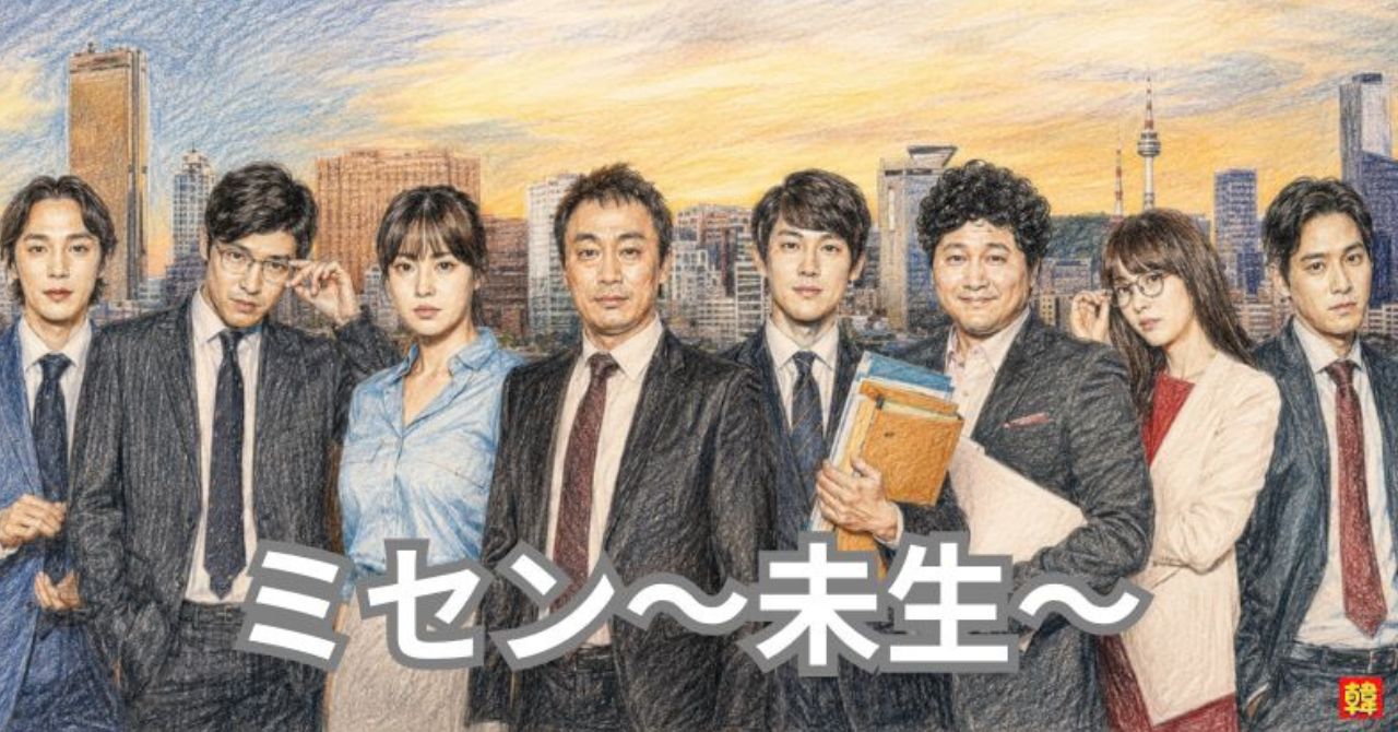 韓国ドラマ『ミセン〜未生〜』の紹介記事用アイキャッチイラスト。夕暮れのソウルの高層ビル群をバックに、スーツ姿の主人公チャン・グレ（イム・シワン）やオ課長（イ・ソンミン）、アン・ヨンイ（カン・ソラ）ら営業3課と同期メンバーがずらりと並ぶ色鉛筆風デザイン。下部に白文字で「ミセン〜未生〜」と書かれている。