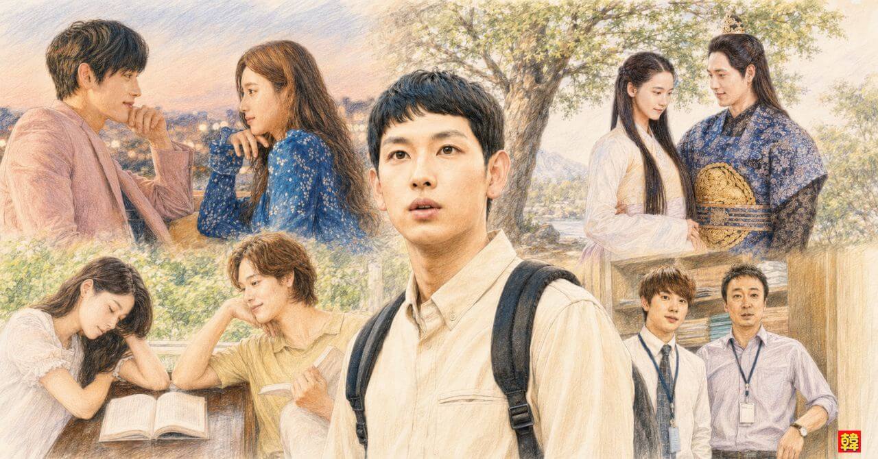 俳優イム・シワンのプロフィール・出演ドラマ紹介記事用のアイキャッチイラスト。リュックを背負ったピュアな表情のイム・シワンを中央に配し、周囲に『ミセン〜未生〜(イ・ソンミンとの新入社員コンビ)』『それでも僕らは走り続ける』『王は愛する』『なにもしたくない』など、歴代の代表作の名シーンを色鉛筆タッチでドラマチックに描いたコラージュデザイン。