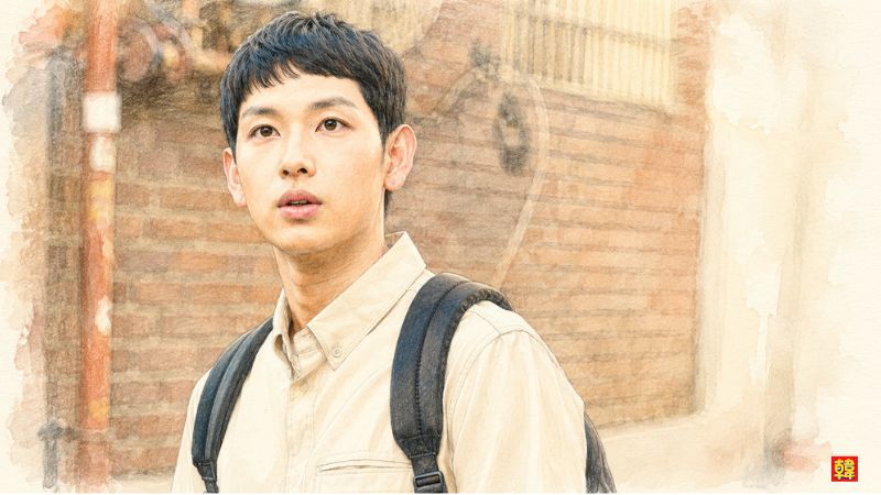 ドラマ『それでも僕らは走り続ける』で陸上選手キ・ソンギョム役を演じるイム・シワンのソロイラスト。レンガ調の壁をバックに、ベージュのシャツを着用し、リュックのストラップを肩にかけながら、何かを見つけてハッとしたように純粋な眼差しで見つめるイム・シワンの単独アップカット。
