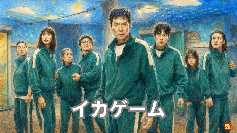 ドラマ『イカゲーム シーズン2』のキャラクターたちを描いた色鉛筆風イラスト。緑色のジャージを着た参加者たちが並ぶ中、中央に立つイ・ジョンジェの右後ろから、同じく緑色のジャージ姿で前を見つめるイム・シワンらキャスト陣の集団カット。画像中央下部に「イカゲーム」の文字あり。