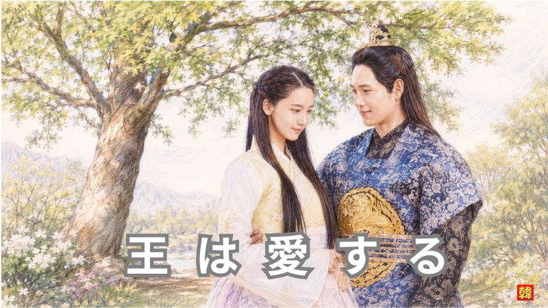 時代劇ドラマ『王は愛する』のワンシーンを描いた色鉛筆風イラスト。大きな木を背景に、華やかな青と金の刺繍が施された王族の衣装をまとったイム・シワンが、隣に立つ美しい韓服姿のヒロイン（ユナ）を愛おしそうに見つめる2ショット。画像下部に「王は愛する」の文字あり。