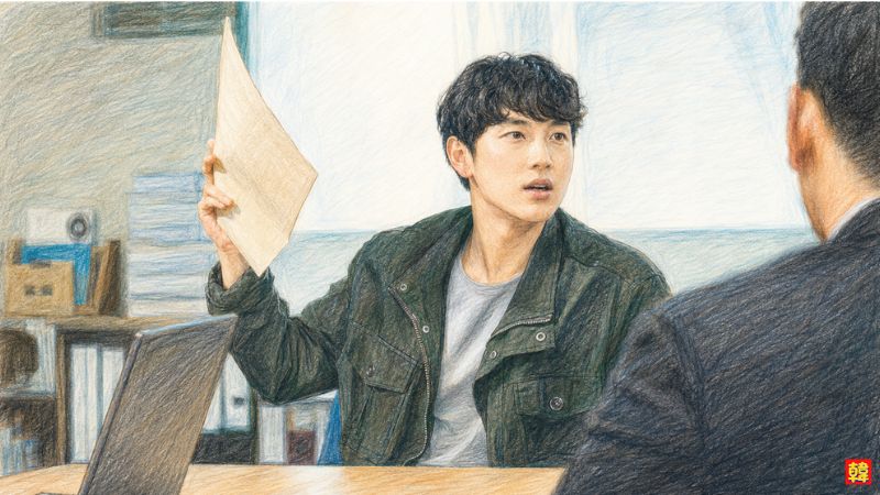 ドラマ『トレーサー』で国税庁の調査官ファン・ドンジュ役を演じるイム・シワンを描いた色鉛筆風イラスト。オフィスのような室内で、カーキ色のジャケットを着たイム・シワンが、手に持った調査資料の書類を掲げながら、手前にいる人物へ向けて驚いたような表情を見せるカット。