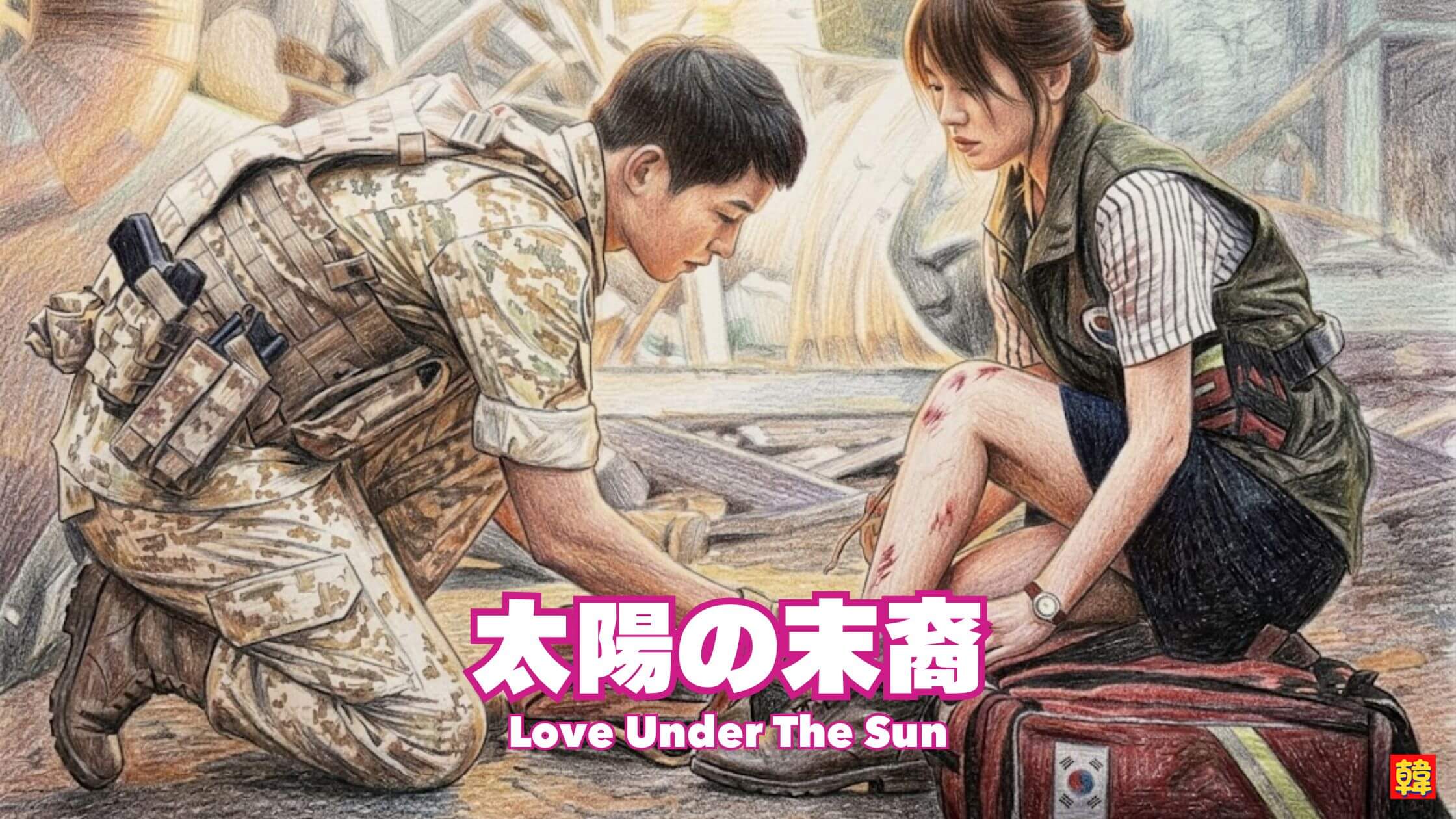 太陽の末裔で軍人の男性が負傷した女性の足を手当てする感動的なシーン