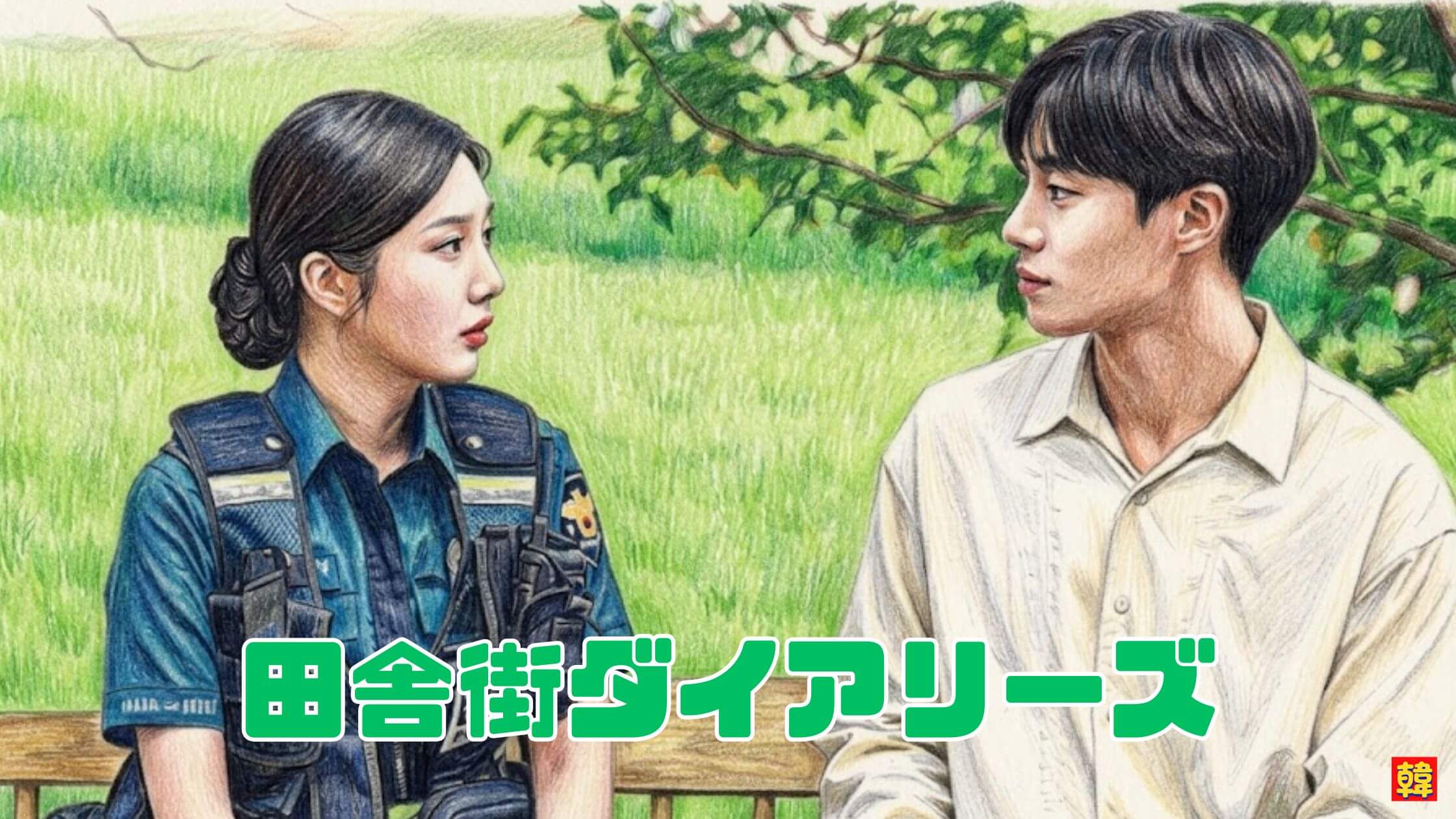 韓国ドラマ「田舎街ダイアリーズ」田舎の自然の中で会話する男女の心温まるシーンのイラスト